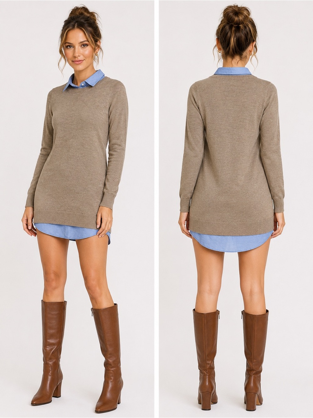 English Factory Shirt Dress Women’s S Crew Neck Taupe Oxford Sweater Micro
